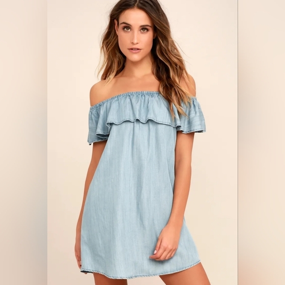 Lulus Light Blue Chambray Off-the-Shoulder Dress Size Medium - Picture 10 of 11